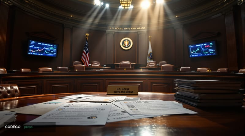 A cinematic editorial photograph of the House Ways and Means Committee chamber in the U.S. Capitol building, shot from an ele