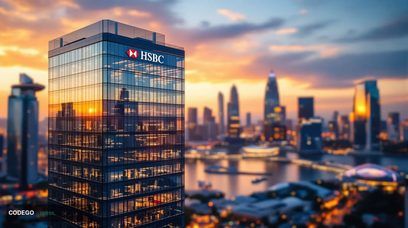 Cinematic editorial photograph of Singapore's Marina Bay financial district at golden hour, with <a href="https://www.hsbc.co
