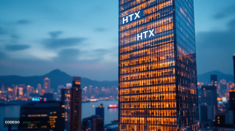 A dramatic wide-angle shot of HTX exchange's Hong Kong headquarters building at dusk, with the iconic illuminated "HTX" logo 