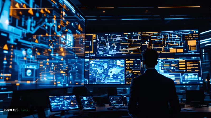 A cinematic editorial photograph showing a modern cryptocurrency compliance monitoring center with multiple wall-mounted disp