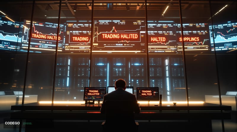 A dramatic photorealistic editorial photograph capturing the tension of centralized cryptocurrency exchange control. The scen