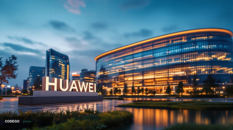 A cinematic editorial photograph of Huawei's modern Lianqiu Lake Campus in Shenzhen, China, captured during golden hour with 