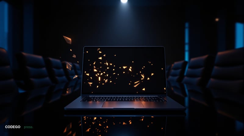 A dramatic cinematic photograph of a sleek modern laptop computer sitting open on a dark glass conference table in a dimly li