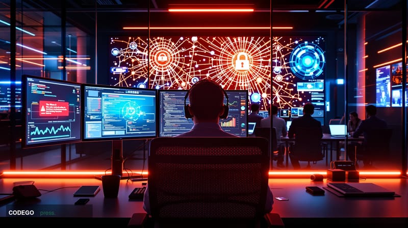 A dramatic photorealistic scene showing a developer's compromised workstation in a modern blockchain company office, with mul