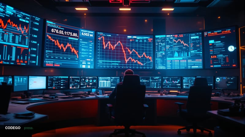 A dramatic cybersecurity breach visualization showing a sleek modern tech office environment with multiple computer screens d