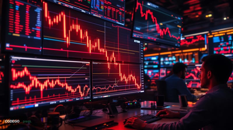 A dramatic photorealistic editorial photograph showing a cryptocurrency trading floor or digital asset exchange during a majo
