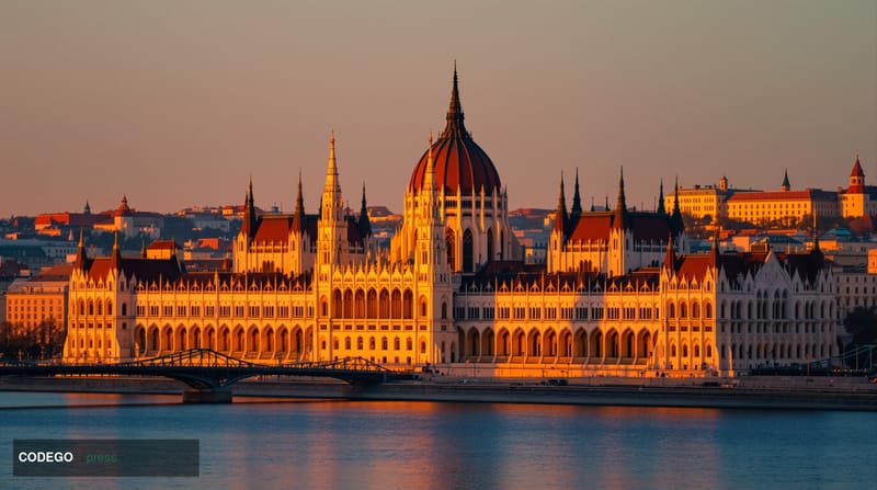 A cinematic editorial photograph showing the Hungarian Parliament building in Budapest along the Danube River, captured durin