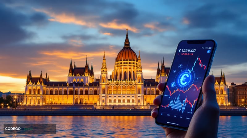 A cinematic editorial photograph of the Hungarian Parliament Building in Budapest at golden hour, with its iconic Gothic Revi