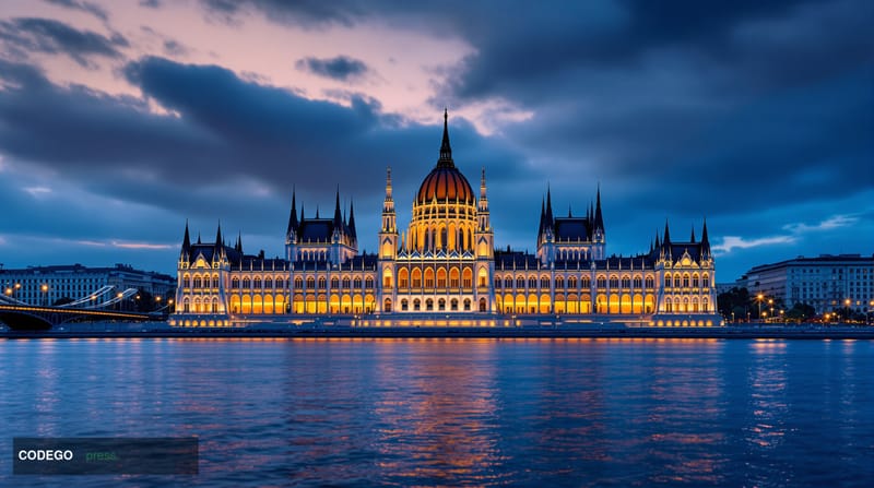 A cinematic editorial photograph showcasing Hungary's Parliament building in Budapest along the Danube River, with its distin