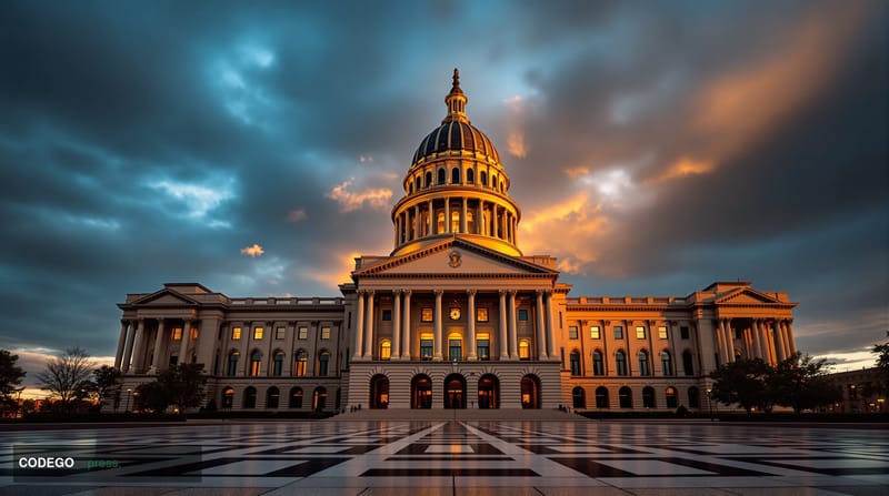 A dramatic photorealistic editorial photograph of the Illinois State Capitol building in Springfield during golden hour, shot