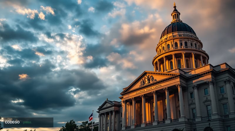 A dramatic editorial photograph capturing the Illinois State Capitol building in Springfield at golden hour, with its distinc