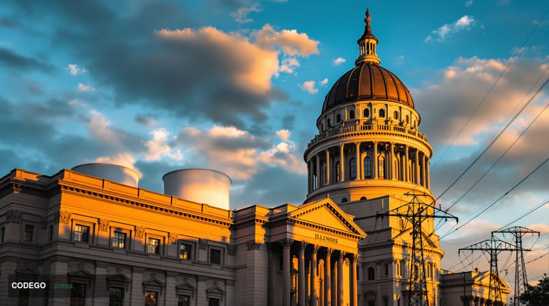 A dramatic editorial photograph of the Illinois State Capitol building in Springfield at golden hour, with the distinctive li