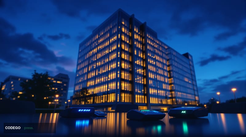 A photorealistic editorial photograph capturing the International Monetary Fund headquarters in Washington DC at dusk, with t