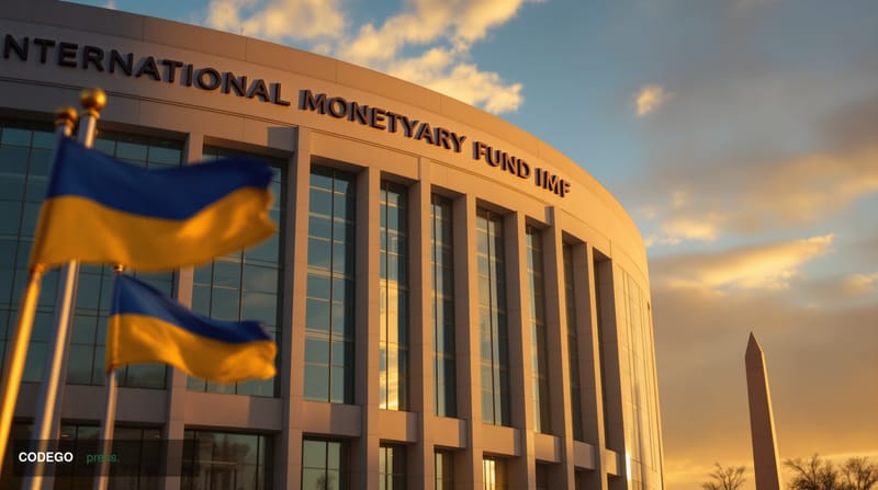 A dramatic wide-angle photograph of the International Monetary Fund headquarters building in Washington DC at golden hour, wi