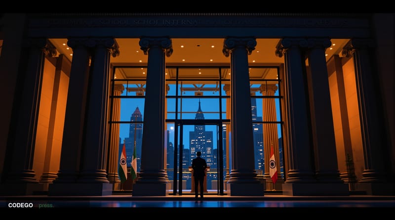 A cinematic editorial photograph of Columbia University's School of International and Public Affairs building in Manhattan, w