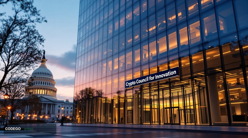 A cinematic editorial photograph showing the modern glass headquarters of a major financial technology organization in Washin