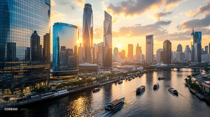 A cinematic editorial photograph showcasing the intersection of European and Thai banking, featuring the distinctive modern g