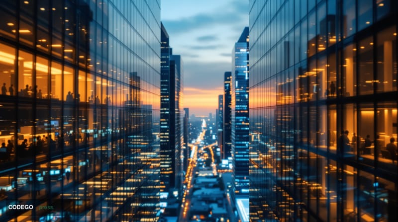 A dramatic aerial view of a modern financial district at dusk, specifically featuring recognizable Manhattan skyscrapers incl