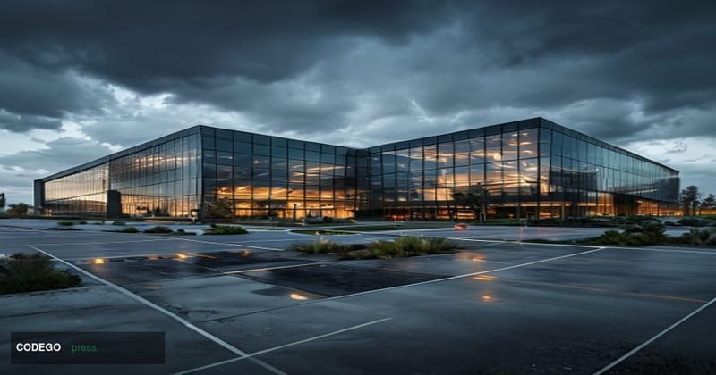 A dramatic photorealistic editorial photograph showing Intel's iconic headquarters campus in Santa Clara, California, with it