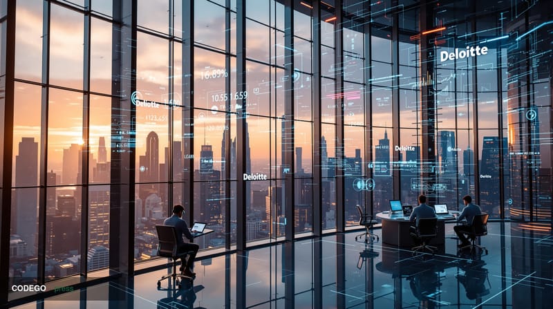 A cinematic editorial photograph of a futuristic investment banking trading floor in 2030, featuring sleek glass and steel ar