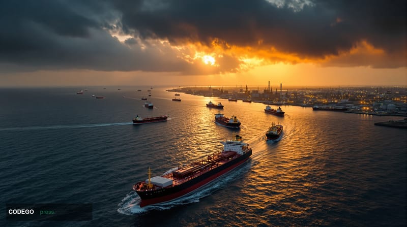 A dramatic aerial view of Iranian oil tankers in the Persian Gulf at sunset, with dark storm clouds gathering overhead, shot 