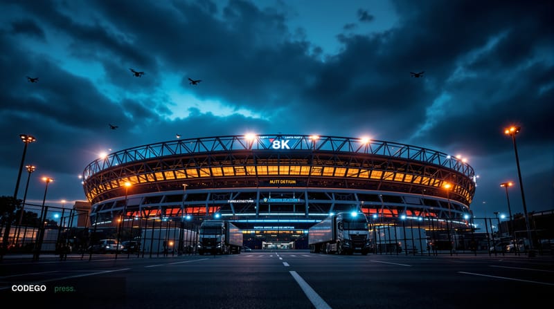 A cinematic editorial photograph showing the iconic silhouette of a major World Cup stadium at dusk, with dramatic chiaroscur