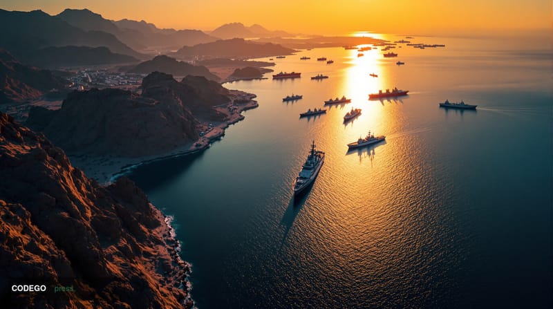 A dramatic aerial view of the Strait of Hormuz at dawn, captured from a high vantage point showing the narrow waterway betwee