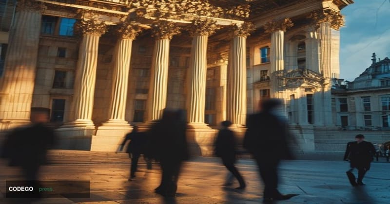 A photorealistic editorial photograph capturing the gravitas of Irish financial regulation, shot from a low angle showing the