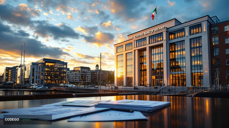 A photorealistic editorial photograph capturing the imposing neoclassical facade of the Central Bank of Ireland headquarters 