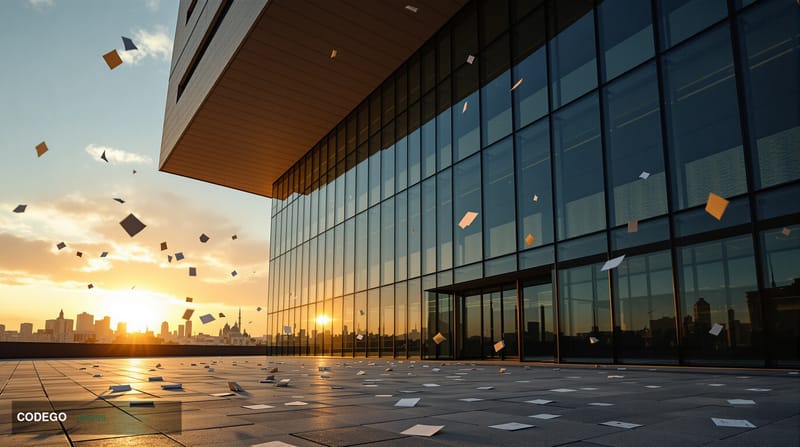 A cinematic editorial photograph showing the modernist glass facade of the Israel Tax Authority building in Jerusalem during 