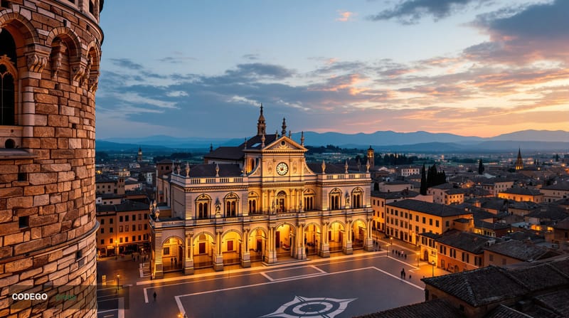 A dramatic aerial view of Monte dei Paschi di Siena's historic headquarters in the medieval heart of Siena, Italy, captured d