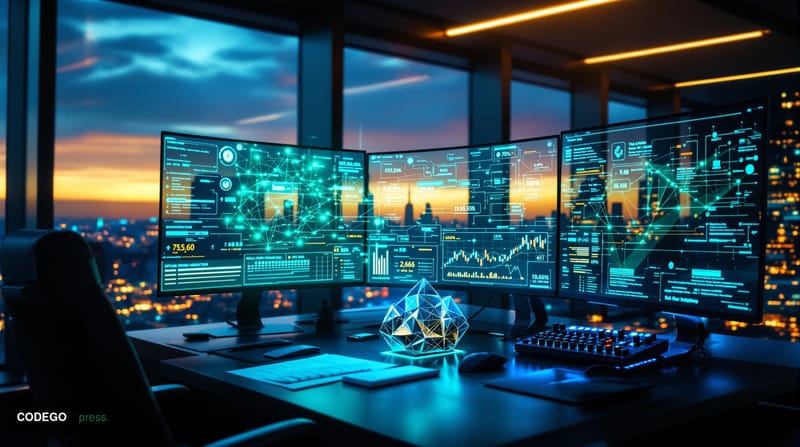 # Image Prompt:

A sleek, modern financial trading floor bathed in cool blue and silver lighting, featuring a high-end workst