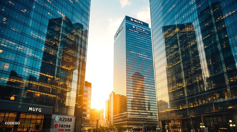 A cinematic editorial photograph capturing the modern financial district of Tokyo at golden hour, showcasing the imposing gla