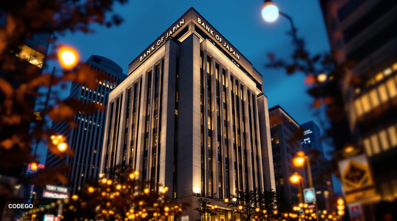 A cinematic editorial photograph capturing the imposing Bank of Japan headquarters building in Tokyo's Nihonbashi district, s