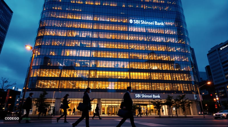 A photorealistic editorial photograph showing the modern glass facade of SBI Shinsei Bank's Tokyo headquarters at dusk, with 