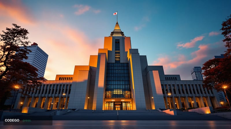 A striking editorial photograph showcasing Japan's National Diet Building (parliament) in Tokyo, captured during golden hour 