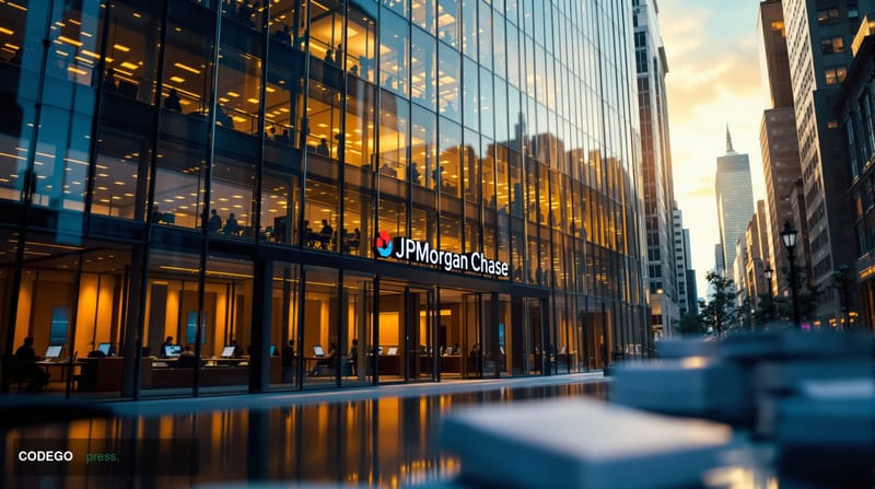 A cinematic editorial photograph of JPMorgan Chase's iconic headquarters at 270 Park Avenue in New York City, shot from a low