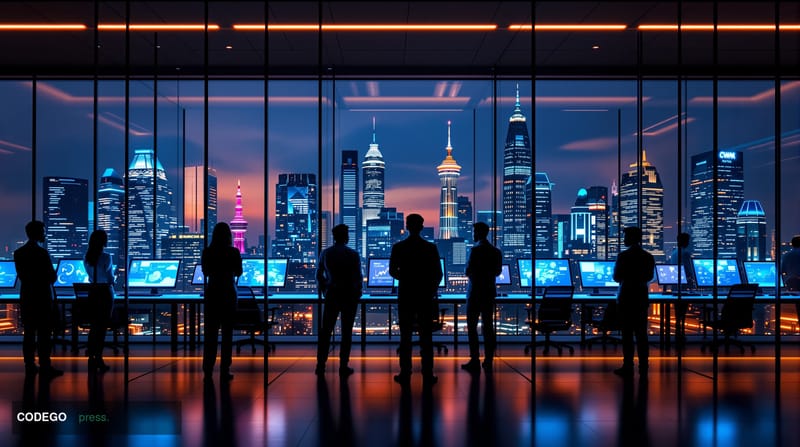 A dramatic cinematic editorial photograph capturing the tension around cryptocurrency exchange controversy. The scene shows a