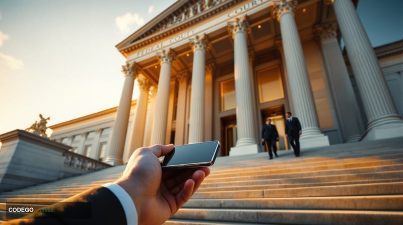 A cinematic editorial photograph showcasing the imposing neoclassical facade of a federal courthouse with towering marble col