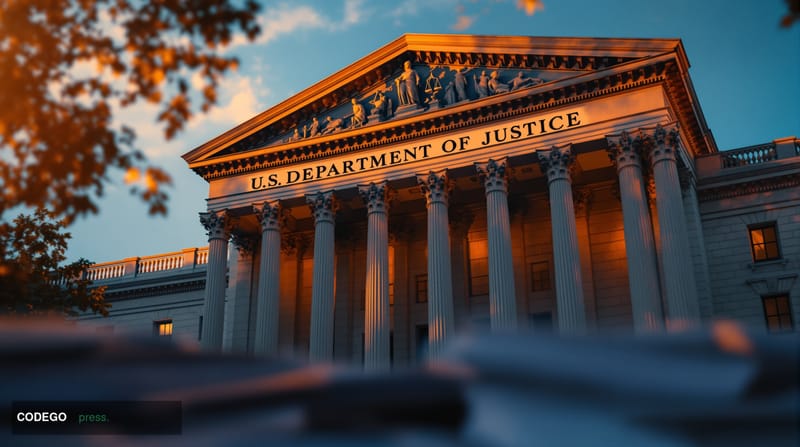 A dramatic wide-angle photograph of the imposing neoclassical facade of the US Department of Justice building in Washington D