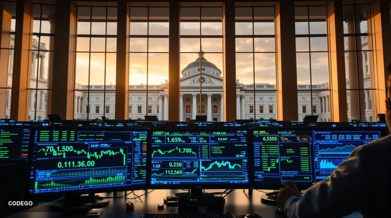 A dramatic editorial photograph showcasing the intersection of traditional finance and cryptocurrency derivatives trading. Th