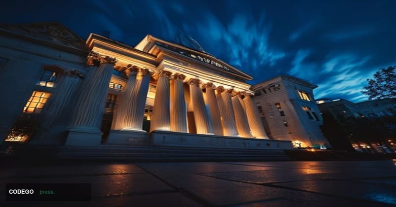 A cinematic editorial photograph of the Commodity Futures Trading Commission (CFTC) headquarters building in Washington DC, c
