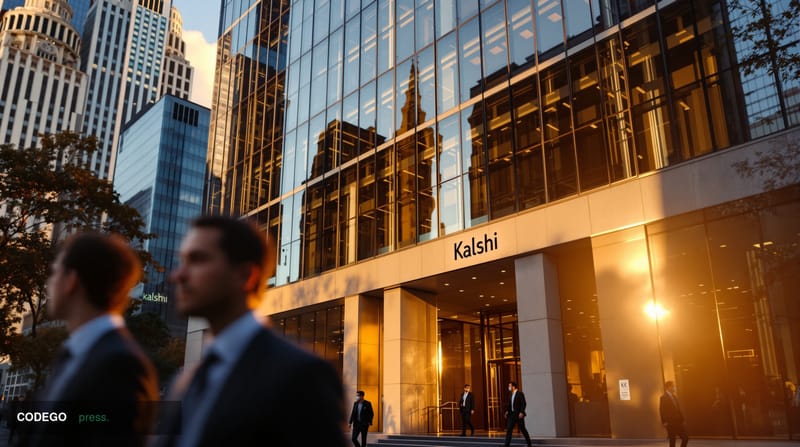 A cinematic editorial photograph of Kalshi's modern corporate headquarters building exterior, shot during golden hour with dr