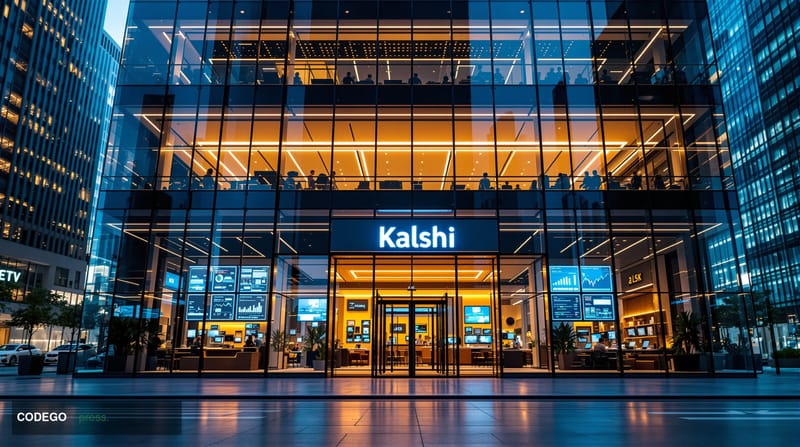 A cinematic editorial photograph capturing Kalshi's corporate headquarters or office environment with modern financial techno