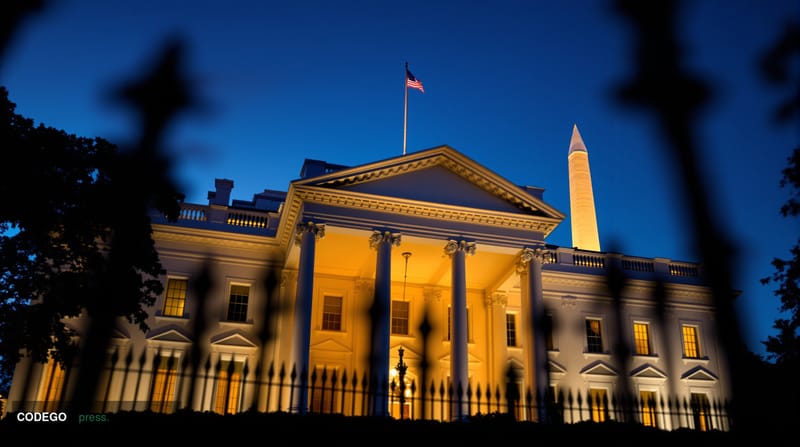 A dramatic cinematic photograph of the White House's South Lawn facade at golden hour, with warm amber lighting casting long 