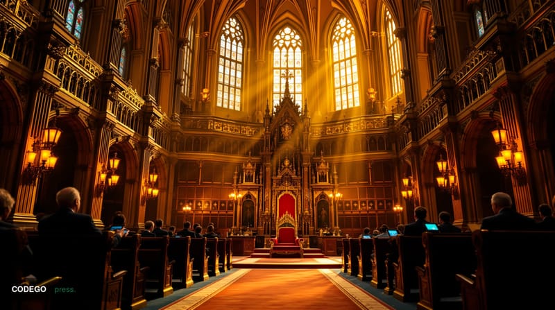 A cinematic editorial photograph capturing the grandeur of the UK Parliament's State Opening ceremony through a modern fintec