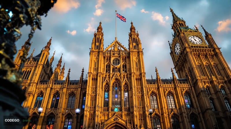 A cinematic editorial photograph capturing the grandeur of the UK Houses of Parliament during the State Opening ceremony, sho
