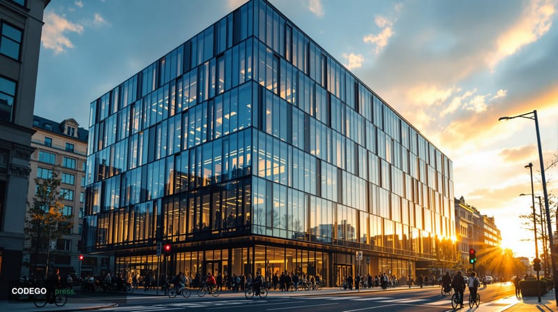 A cinematic editorial photograph of Klarna's distinctive pink-branded Stockholm headquarters building, shot from a low angle 