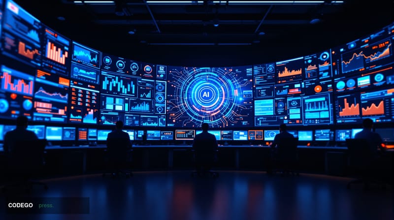 A dramatic cinematic photograph of a modern corporate cybersecurity operations center with multiple wall-mounted displays sho