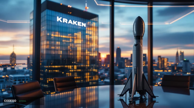 A cinematic editorial photograph showcasing Kraken's San Francisco headquarters building exterior with the company's distinct